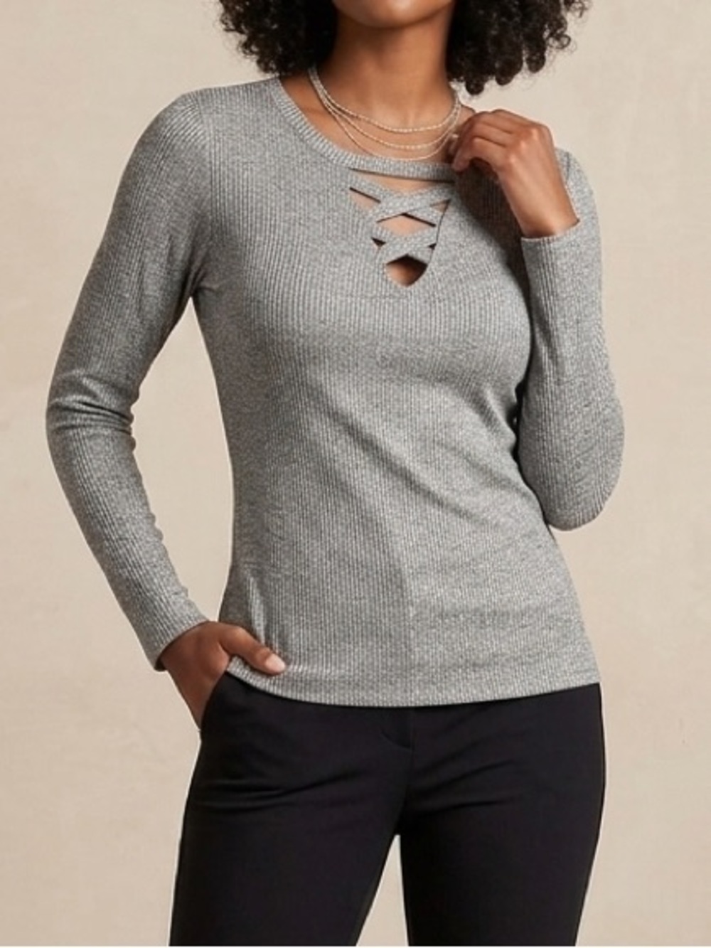 INC silver shimmery Long-Sleeve Top with Crisscross Neckline